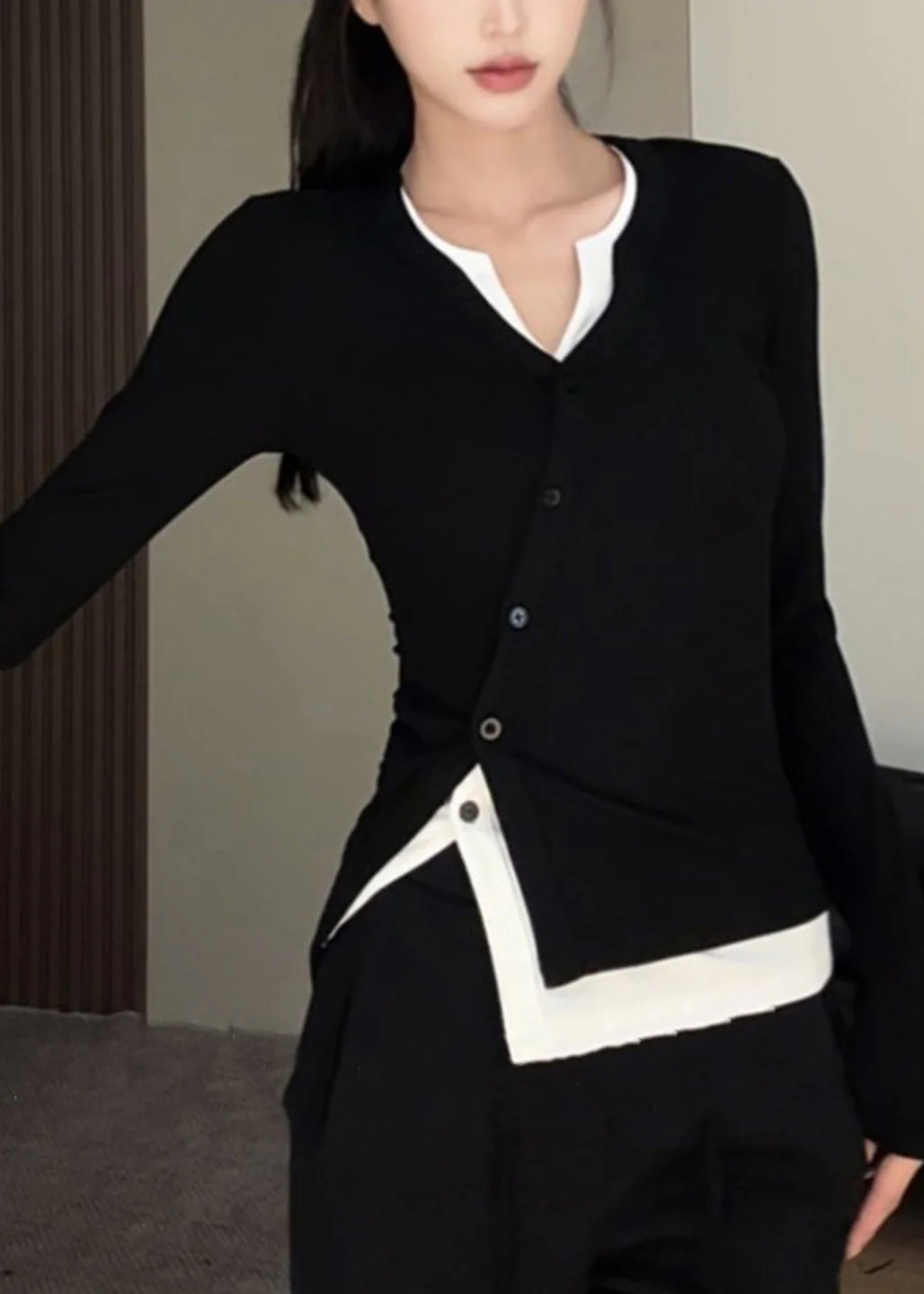 Elegant Black O-Neck Asymmetrical Top Fake Two Pieces Fall - Image 3