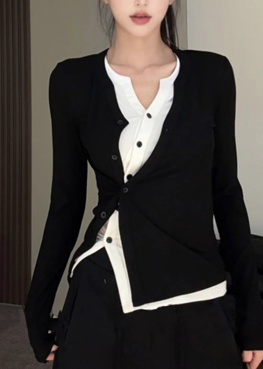 Elegant Black O-Neck Asymmetrical Top Fake Two Pieces Fall - Image 4