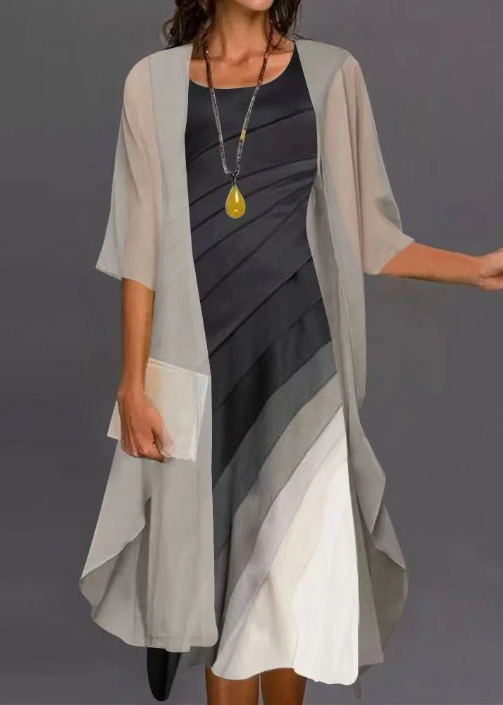 Elegant Black O-Neck Cardigans And Dress Two Pieces Set Half Sleeve - Image 2