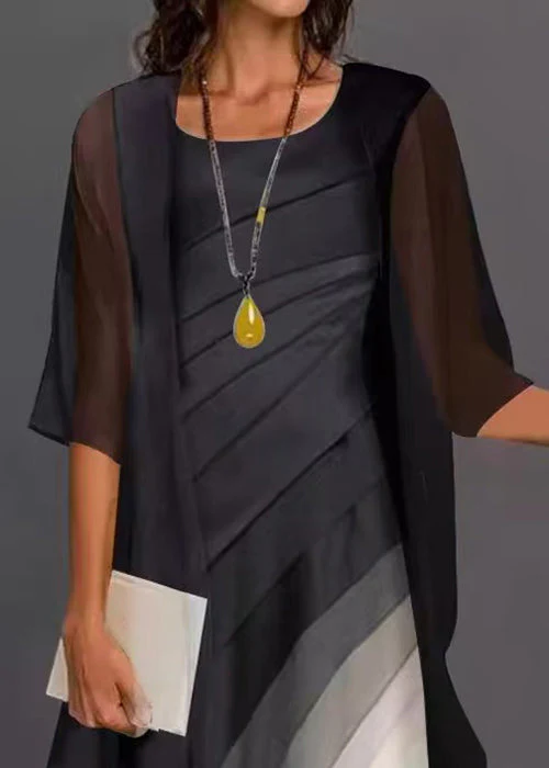 Elegant Black O-Neck Cardigans And Dress Two Pieces Set Half Sleeve - Image 3