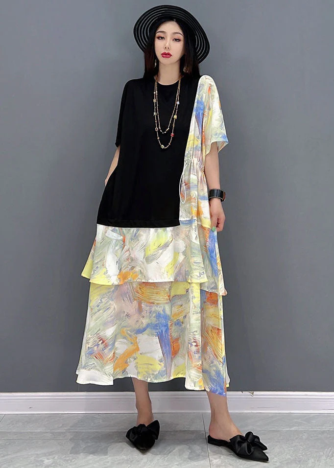 Elegant Black O-Neck Drawstring Patchwork Print Cotton Holiday Dress Short Sleeve - Image 2