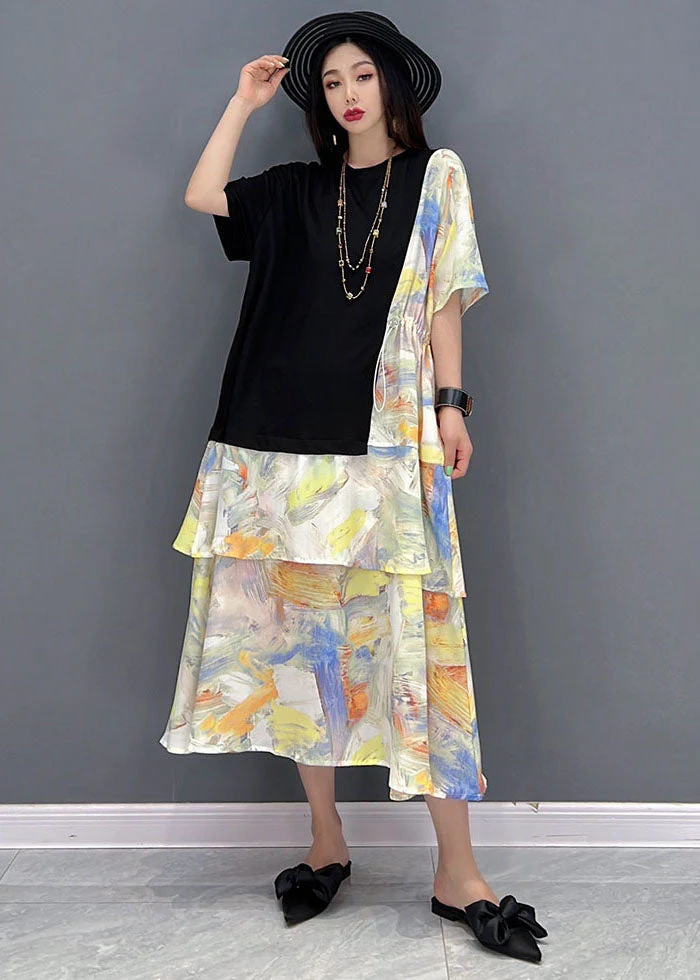 Elegant Black O-Neck Drawstring Patchwork Print Cotton Holiday Dress Short Sleeve - Image 3