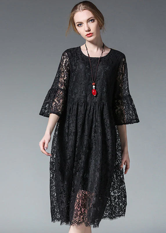 Elegant Black O-Neck Hollow Out Lace Party Dress Flare Sleeve - Image 2