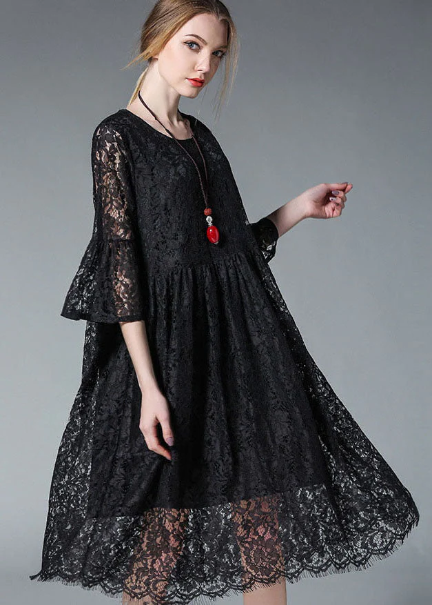 Elegant Black O-Neck Hollow Out Lace Party Dress Flare Sleeve - Image 3