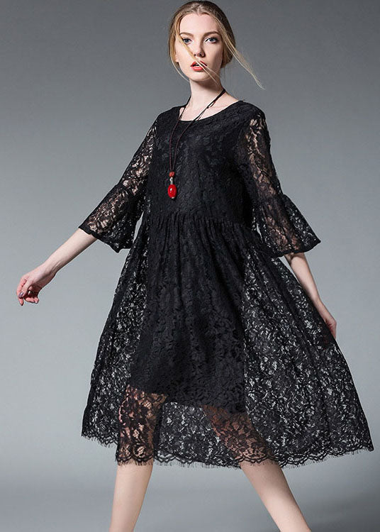 Elegant Black O-Neck Hollow Out Lace Party Dress Flare Sleeve - Image 4