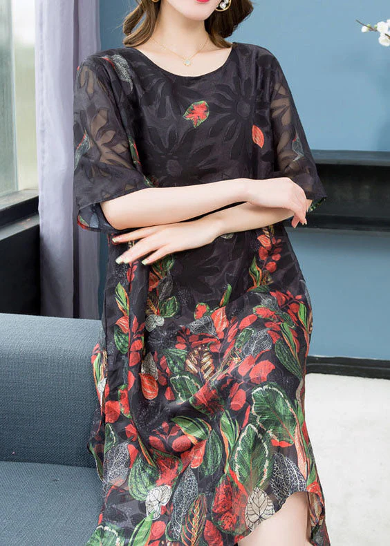 Elegant Black O Neck Print Patchwork Chiffon Mid Dress Summer - Image 2