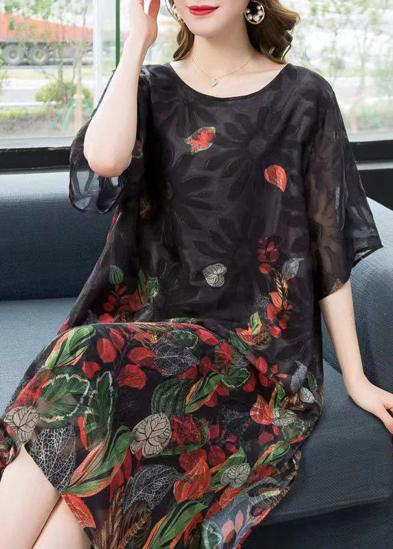 Elegant Black O Neck Print Patchwork Chiffon Mid Dress Summer - Image 3