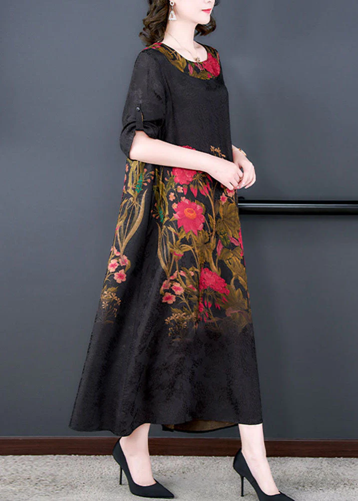 Elegant Black O Neck Print Patchwork Silk Long Dress Summer - Image 3
