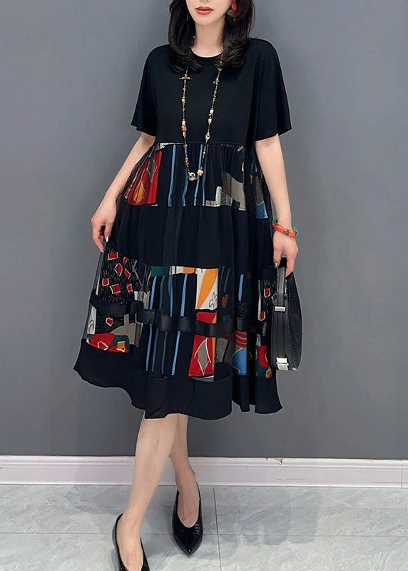 Elegant Black O-Neck Print Patchwork Tulle Long Dress Short Sleeve - Image 2