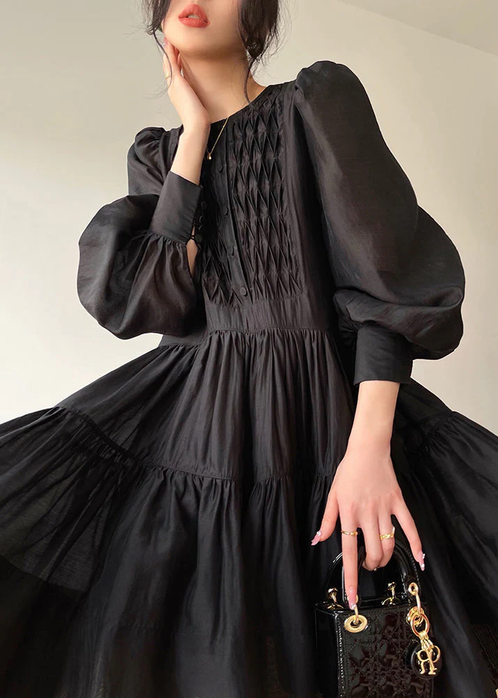 Elegant Black O-Neck Print Silk Mid Dress Long Sleeve - Image 2