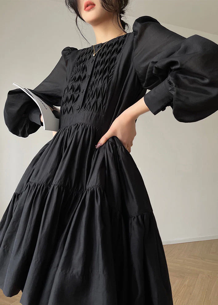 Elegant Black O-Neck Print Silk Mid Dress Long Sleeve - Image 3