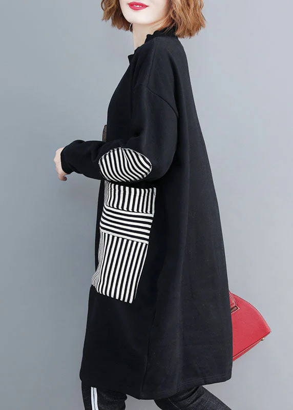 Elegant Black O-Neck Striped Patchwork Mid Dress Long Sleeve - Image 4