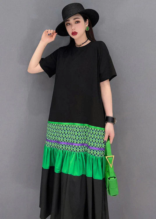 Elegant Black O-Neck T Shirt Patchwork Fishtail Dress Short Sleeve - Image 4