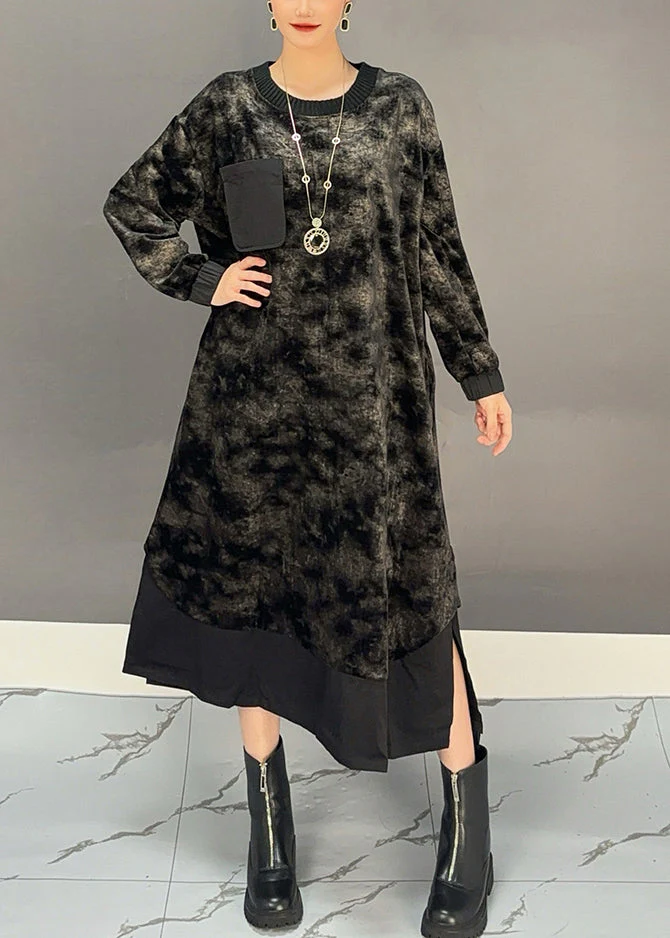 Elegant Black O-Neck Tie Dye Side Open Silk Velvet Maxi Dress Winter - Image 2