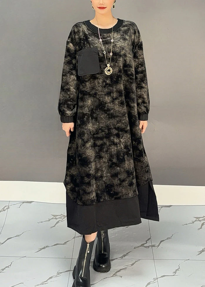 Elegant Black O-Neck Tie Dye Side Open Silk Velvet Maxi Dress Winter - Image 3