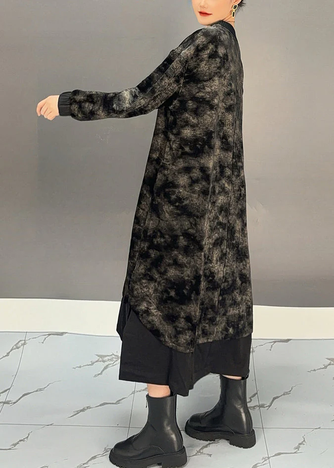 Elegant Black O-Neck Tie Dye Side Open Silk Velvet Maxi Dress Winter - Image 4