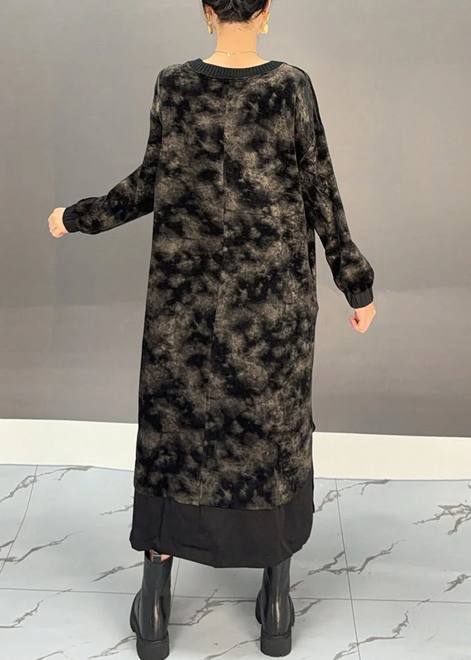 Elegant Black O-Neck Tie Dye Side Open Silk Velvet Maxi Dress Winter - Image 5