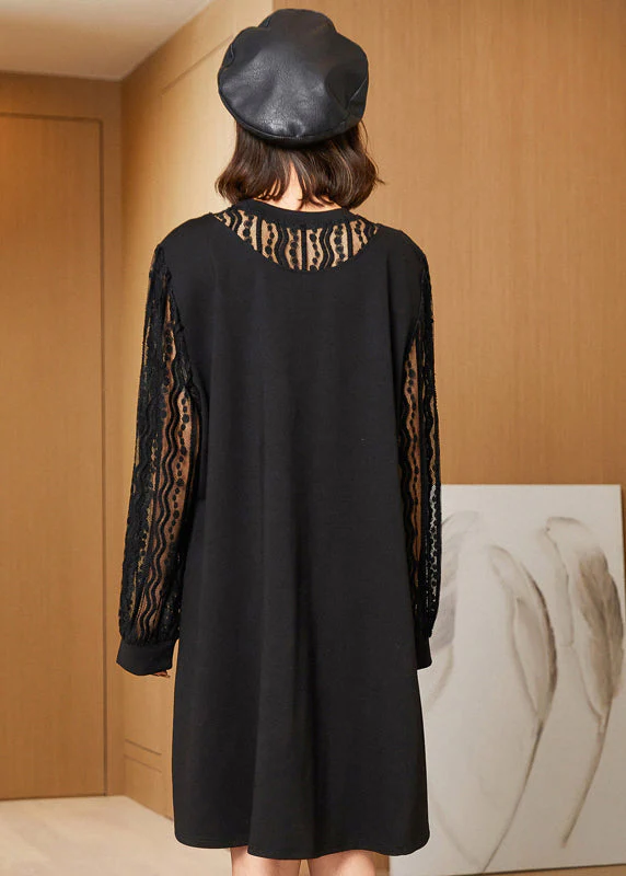 Elegant Black Oversized Lace Patchwork Hollow Out Spandex Dress Spring - Image 4