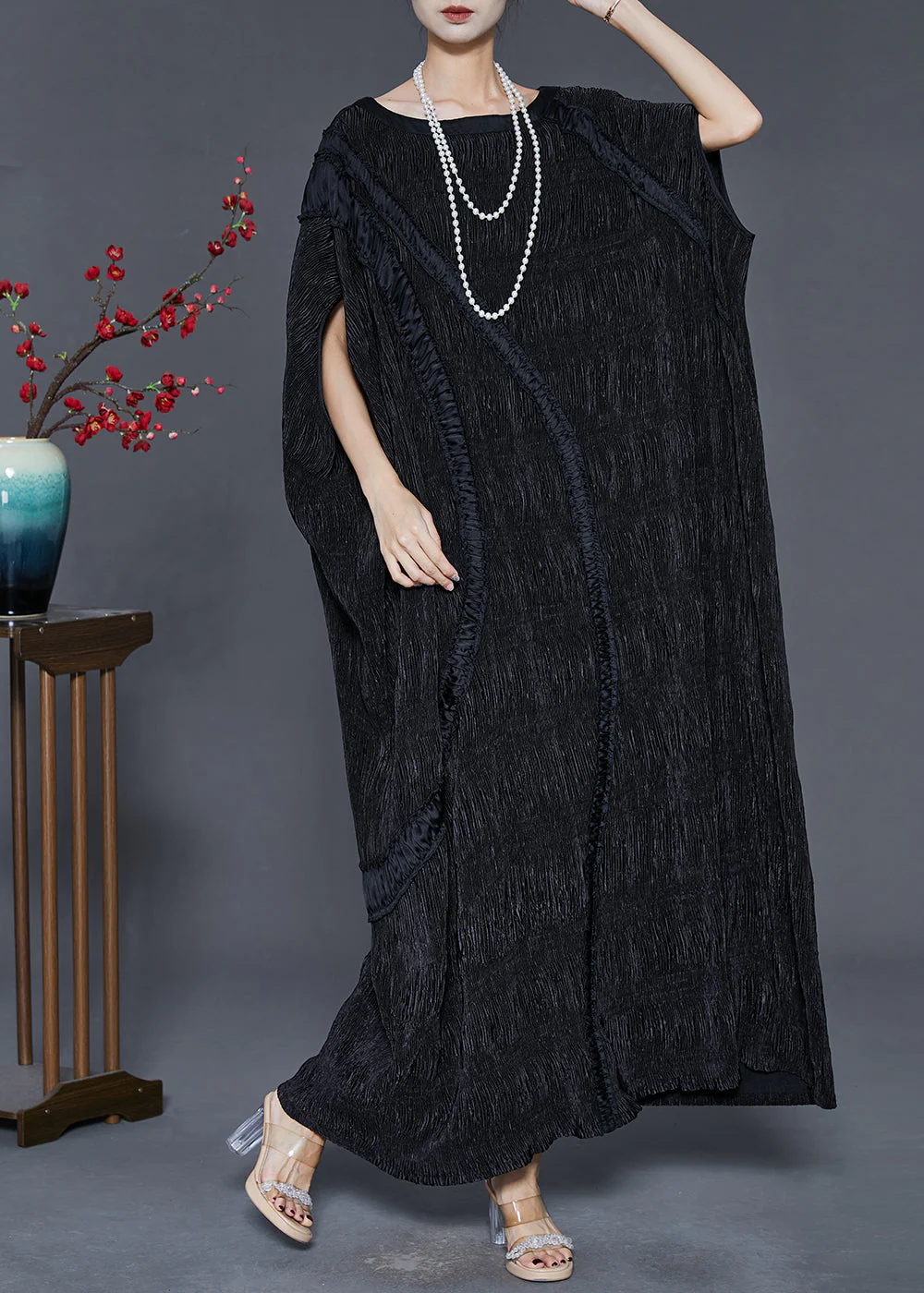 Elegant Black Oversized Patchwork Cotton Long Dress Batwing Sleeve - Image 2
