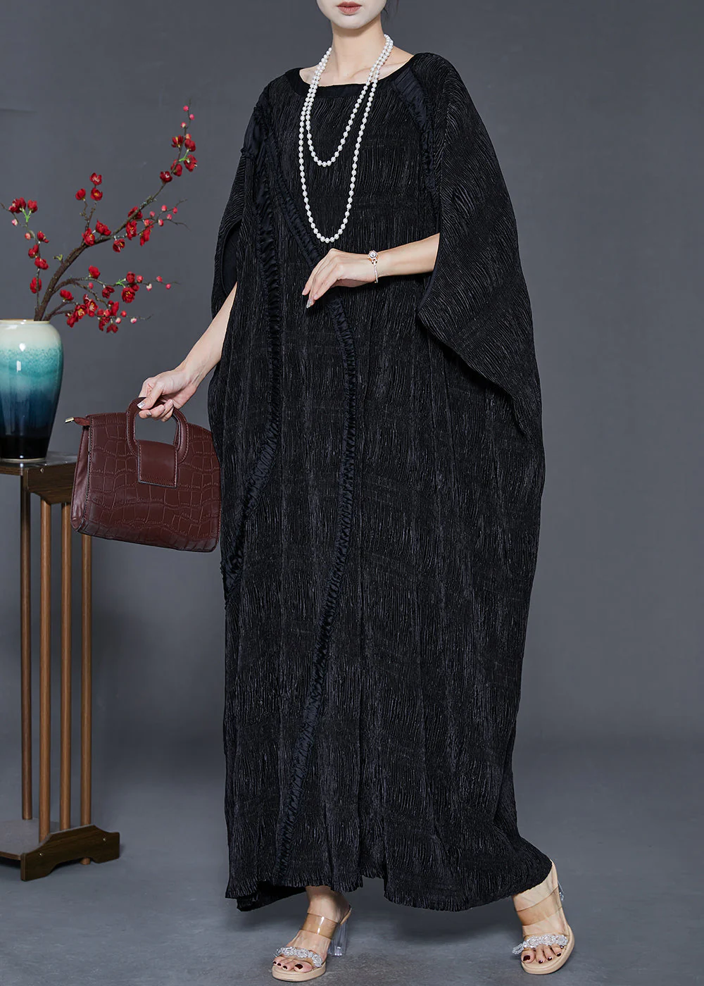Elegant Black Oversized Patchwork Cotton Long Dress Batwing Sleeve - Image 3