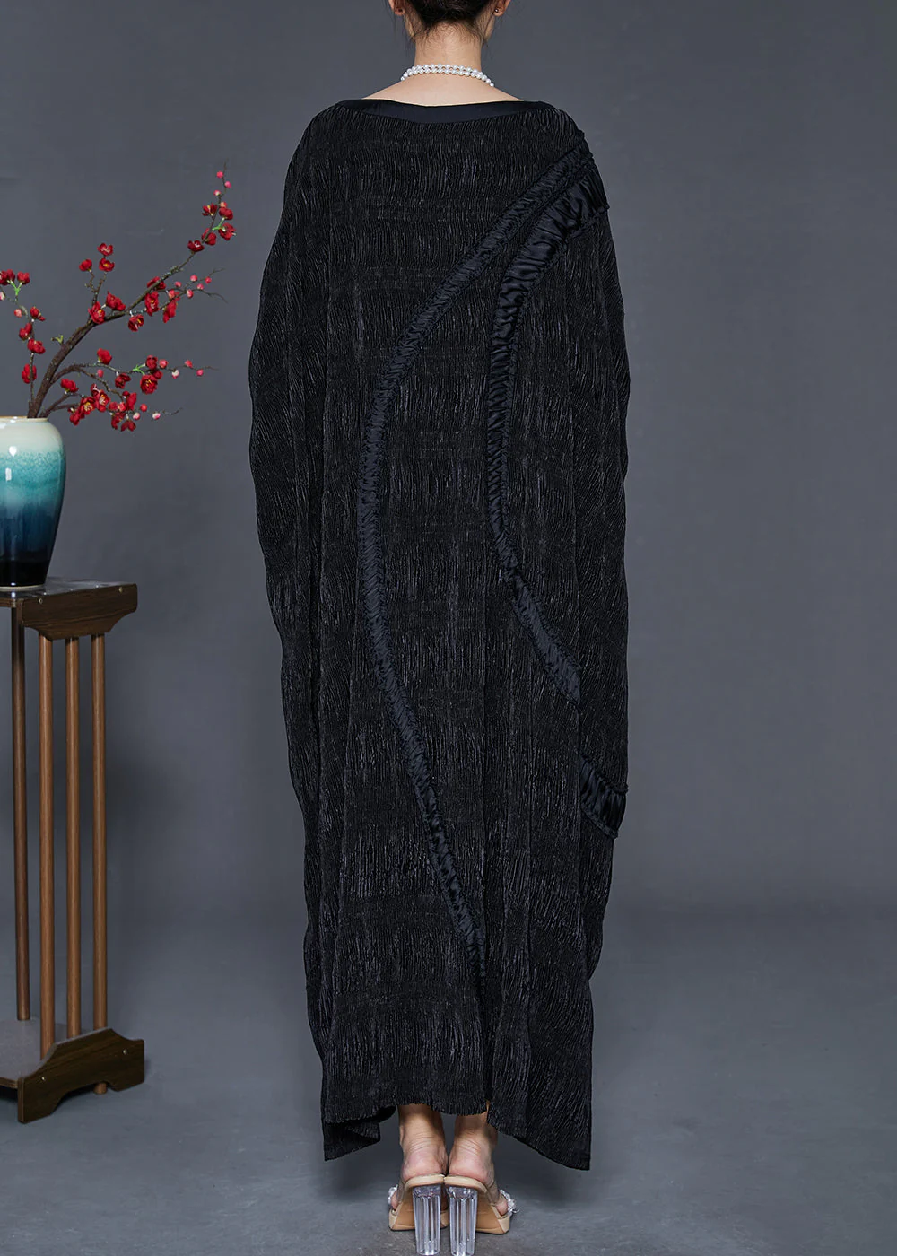 Elegant Black Oversized Patchwork Cotton Long Dress Batwing Sleeve - Image 4