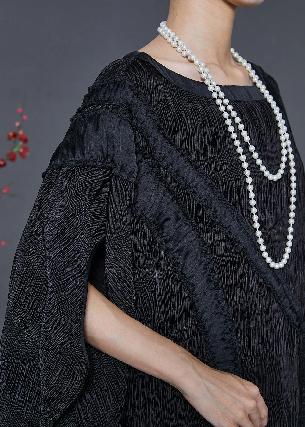 Elegant Black Oversized Patchwork Cotton Long Dress Batwing Sleeve - Image 5