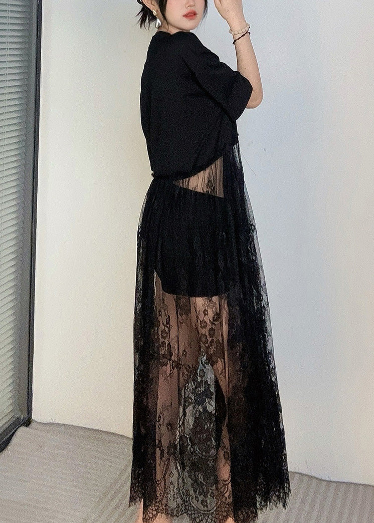 Elegant Black Oversized Patchwork Lace Robe Dresses Summer - Image 2