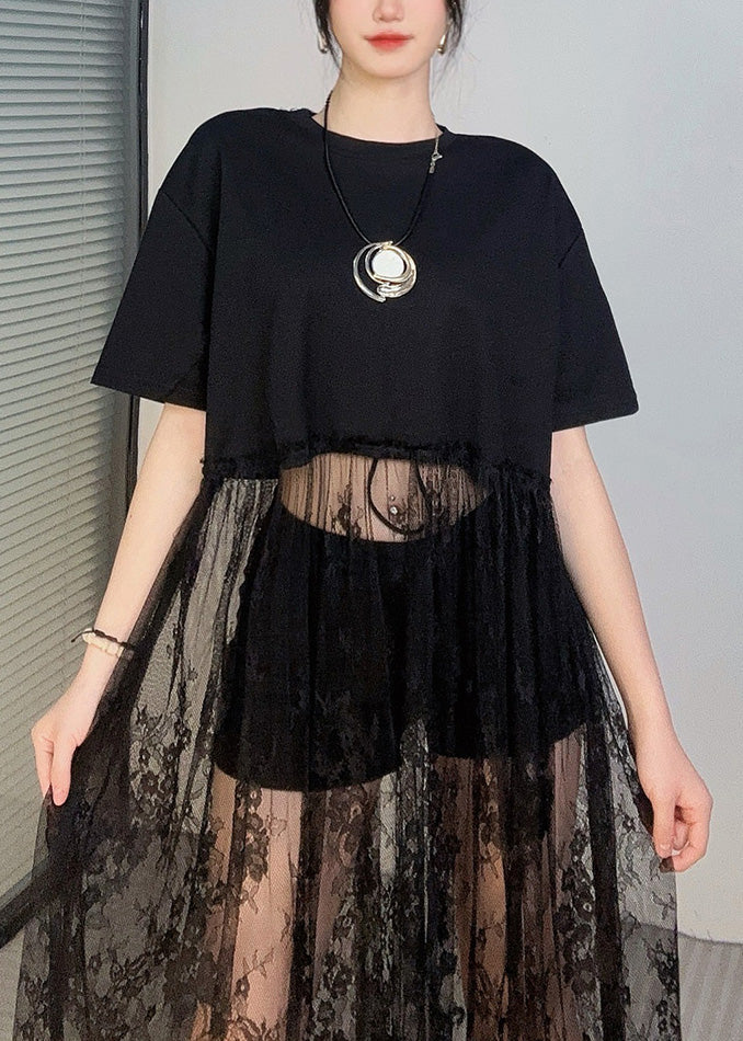 Elegant Black Oversized Patchwork Lace Robe Dresses Summer - Image 3