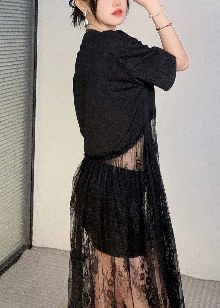 Elegant Black Oversized Patchwork Lace Robe Dresses Summer - Image 4