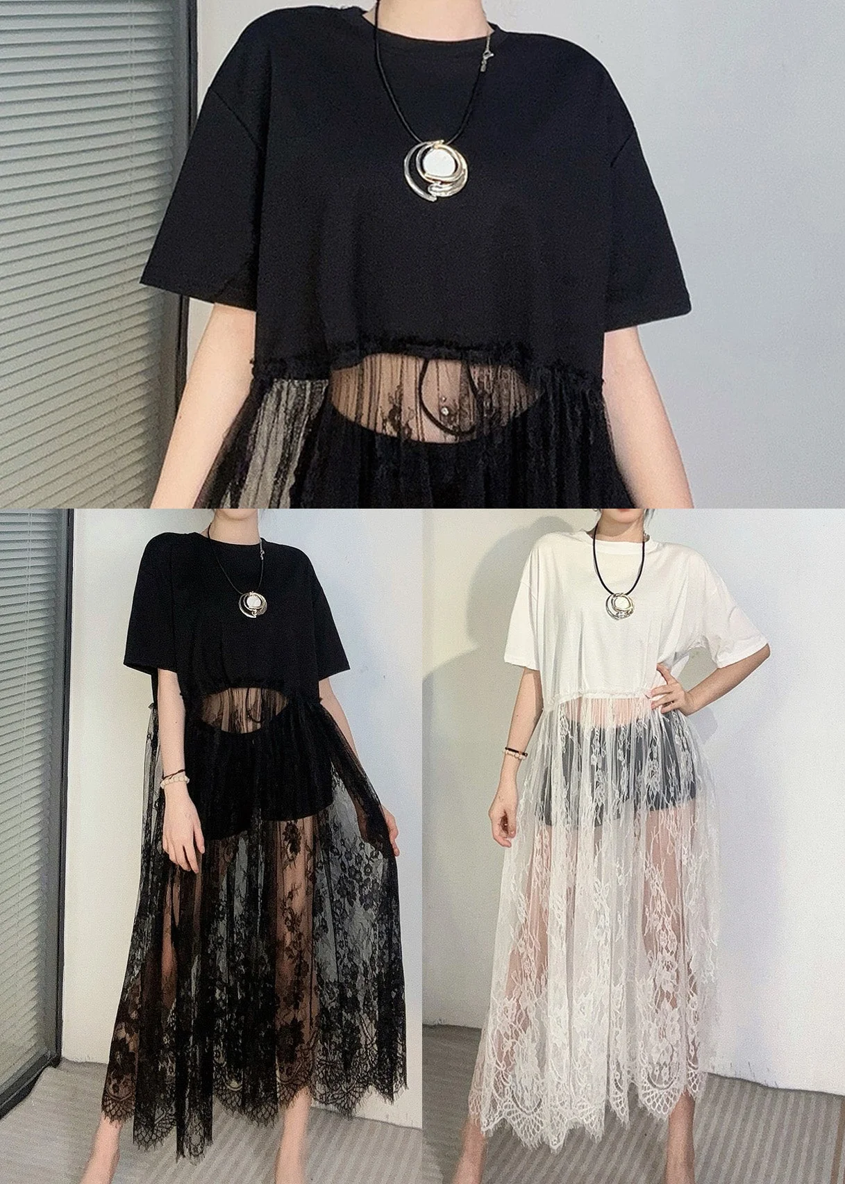 Elegant Black Oversized Patchwork Lace Robe Dresses Summer - Image 5