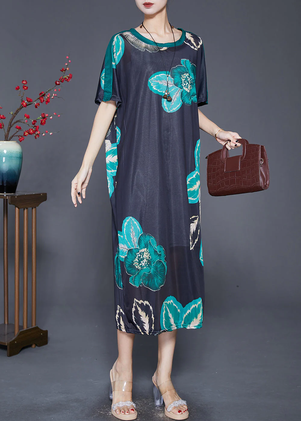 Elegant Black Oversized Print Silk Maxi Dresses Summer - Image 3