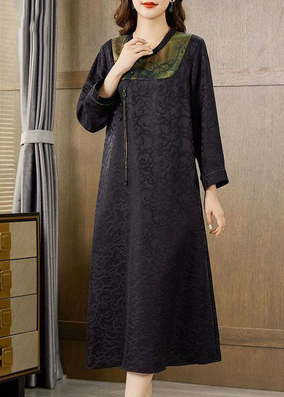 Elegant Black Patchwork Jacquard Silk Long Dress Fall - Image 2