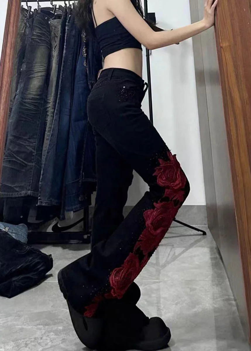 Elegant Black Patchwork Rose Decorated Denim Flared Trousers Spring - Image 2