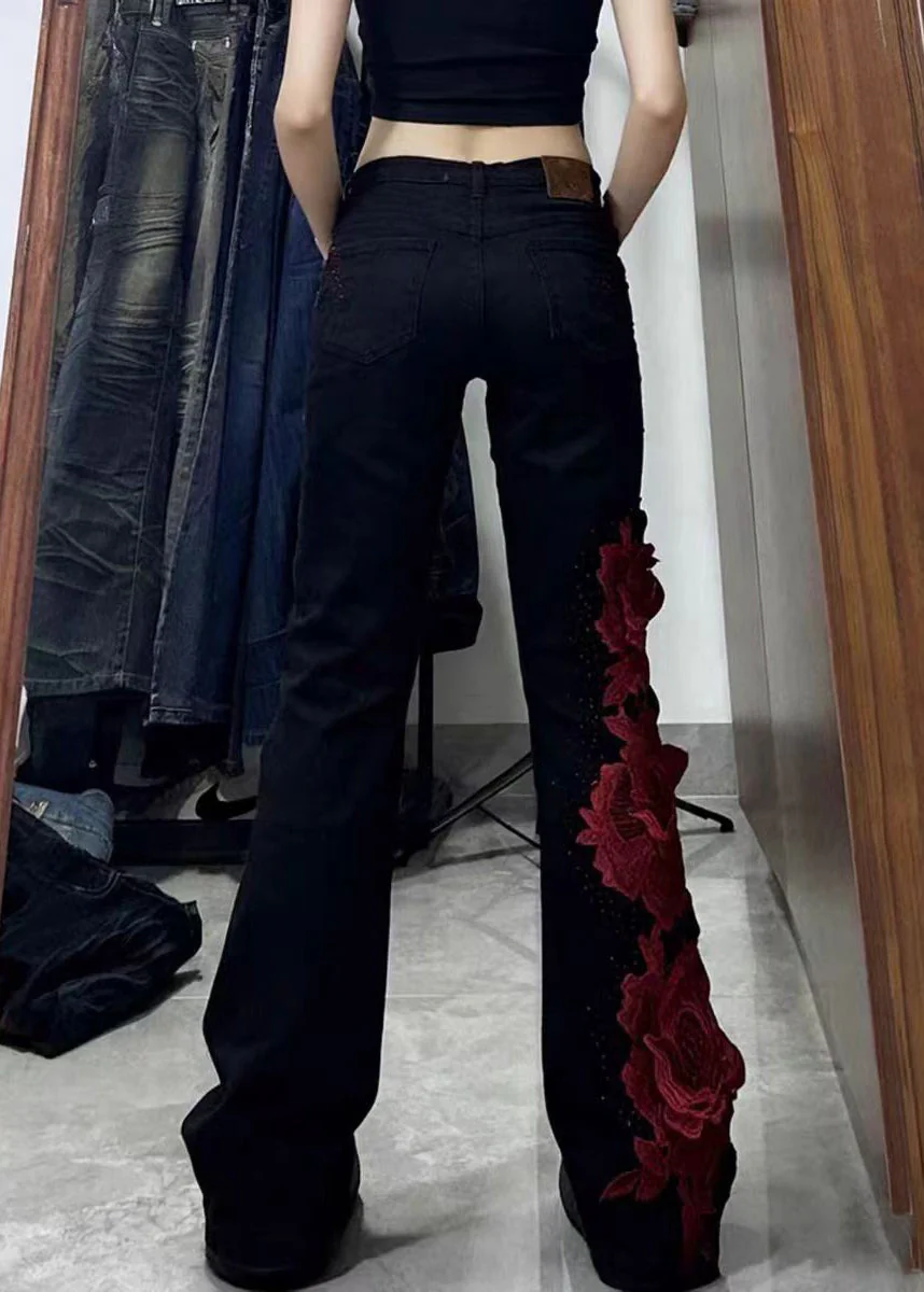 Elegant Black Patchwork Rose Decorated Denim Flared Trousers Spring - Image 3