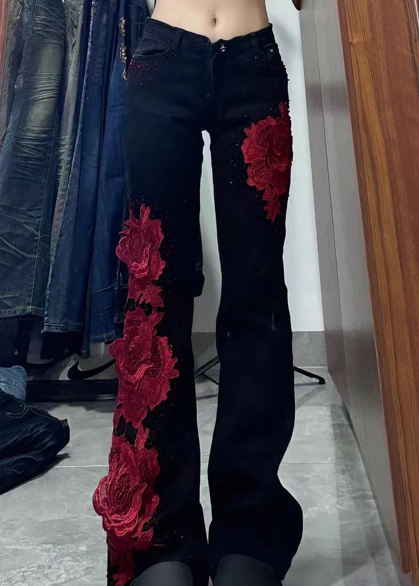 Elegant Black Patchwork Rose Decorated Denim Flared Trousers Spring - Image 4