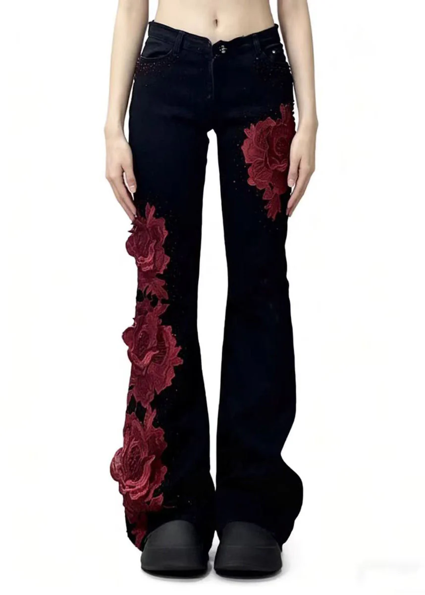 Elegant Black Patchwork Rose Decorated Denim Flared Trousers Spring - Image 5