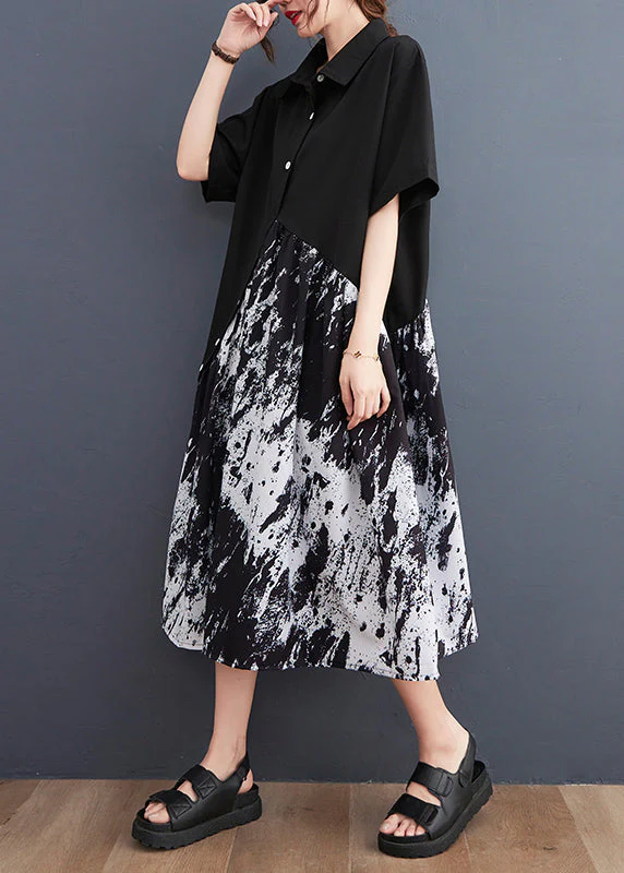 Elegant Black Peter Pan Collar Button Asymmetrical Print Shirt Dress Short Sleeve - Image 3