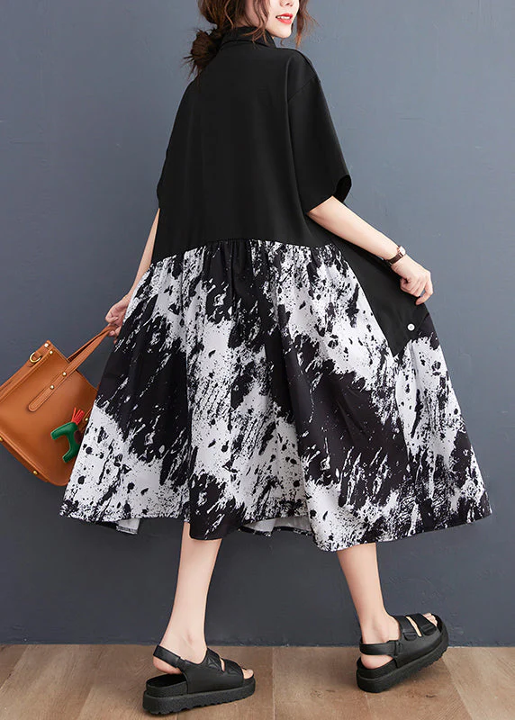 Elegant Black Peter Pan Collar Button Asymmetrical Print Shirt Dress Short Sleeve - Image 4