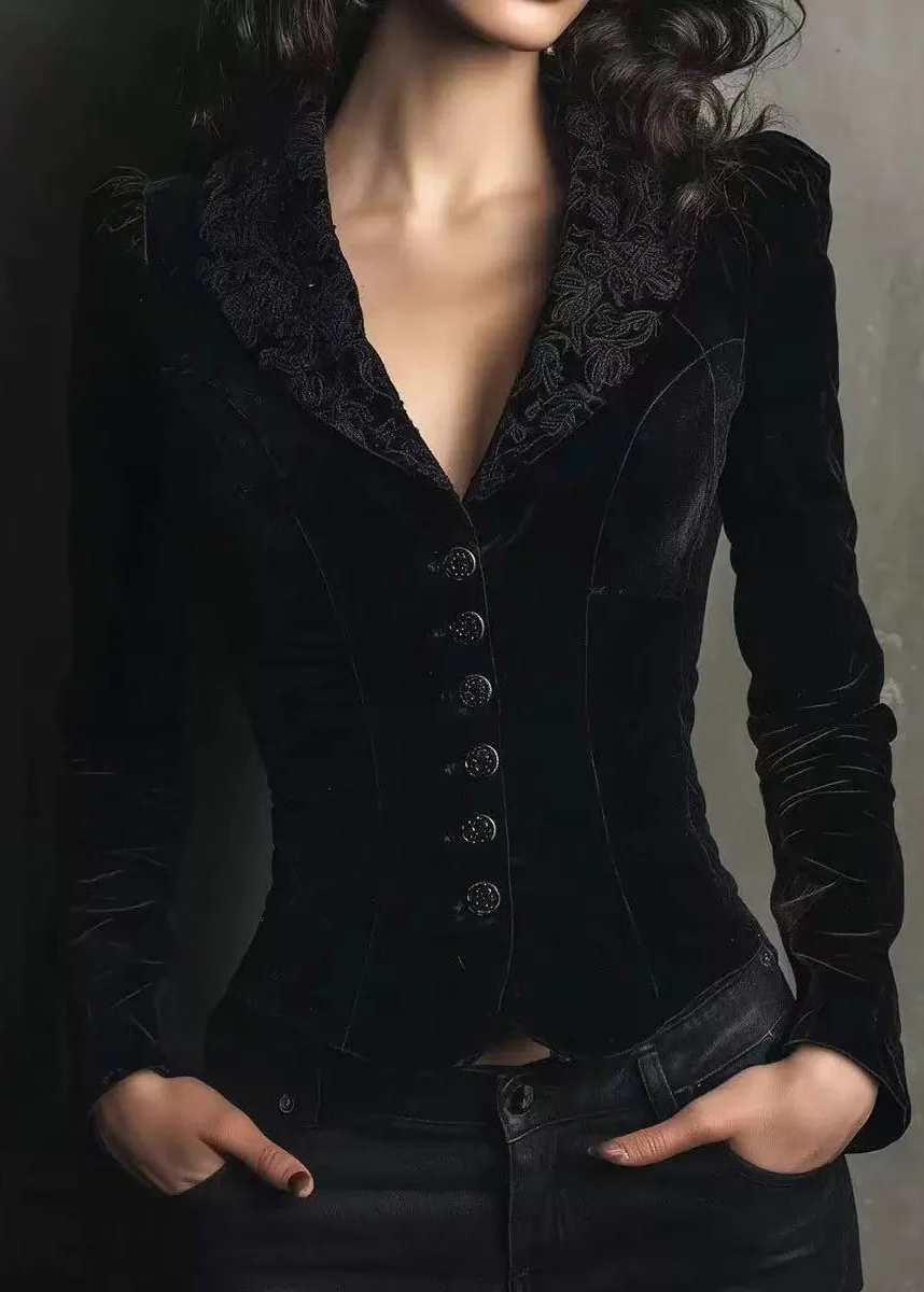 Elegant Black Peter Pan Collar Button Velvet Coat Spring