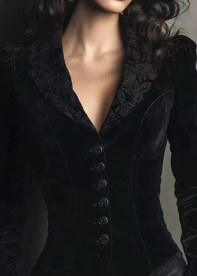 Elegant Black Peter Pan Collar Button Velvet Coat Spring - Image 2