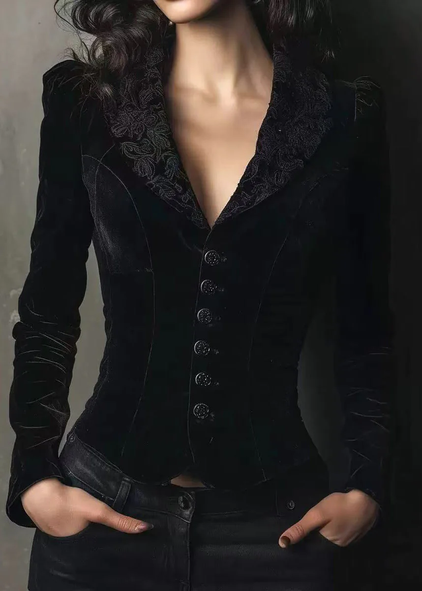 Elegant Black Peter Pan Collar Button Velvet Coat Spring - Image 3