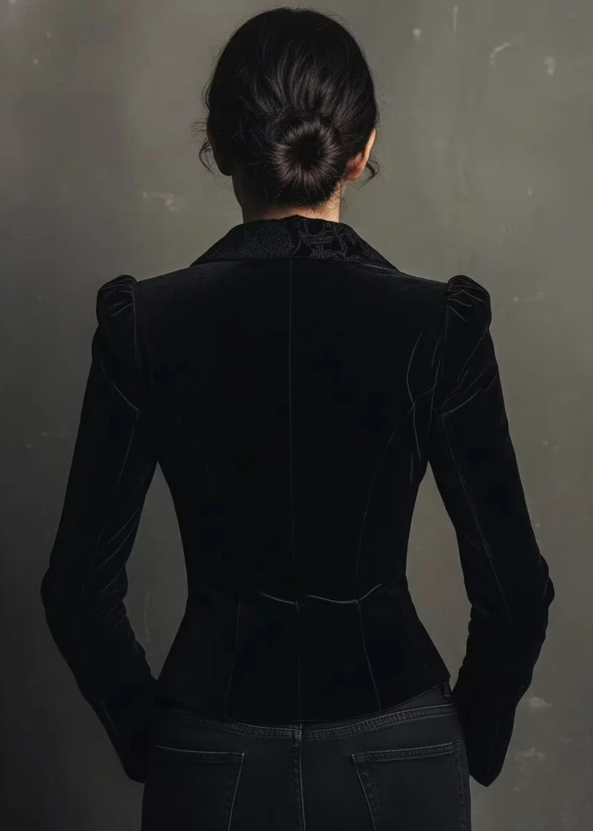 Elegant Black Peter Pan Collar Button Velvet Coat Spring - Image 4