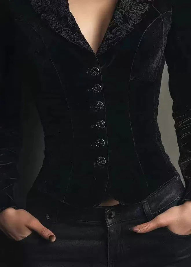 Elegant Black Peter Pan Collar Button Velvet Coat Spring - Image 5