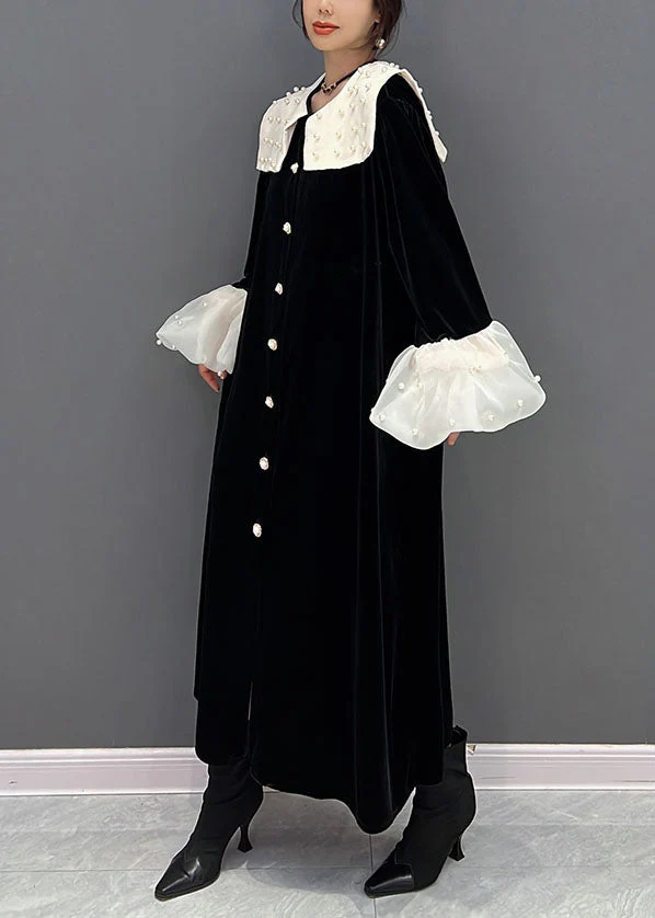 Elegant Black Peter Pan Collar Patchwork Nail Bead Silk Velour Dresses Spring - Image 3