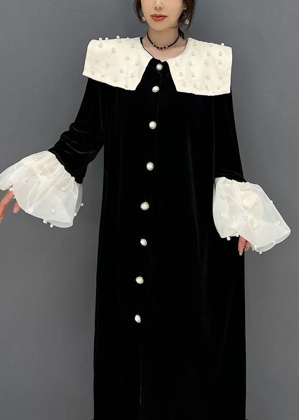 Elegant Black Peter Pan Collar Patchwork Nail Bead Silk Velour Dresses Spring - Image 5