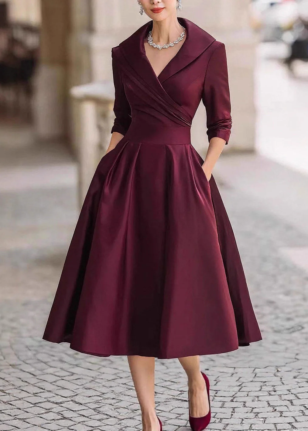 Elegant Black Peter Pan Collar Pockets Satin Dress Spring - Image 3