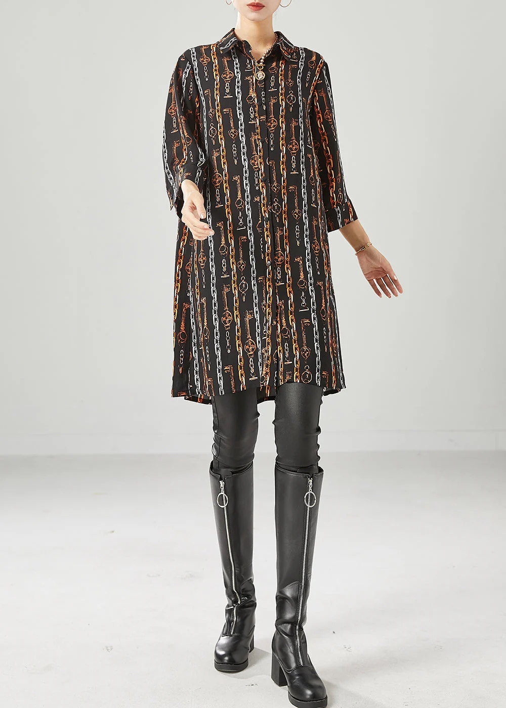 Elegant Black Peter Pan Collar Print Chiffon Shirt Dress Bracelet Sleeve - Image 2