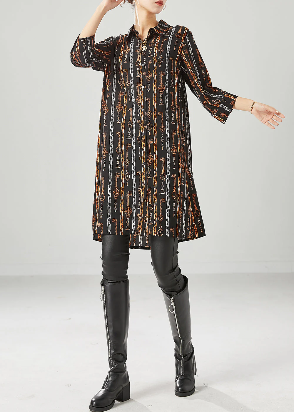 Elegant Black Peter Pan Collar Print Chiffon Shirt Dress Bracelet Sleeve - Image 3
