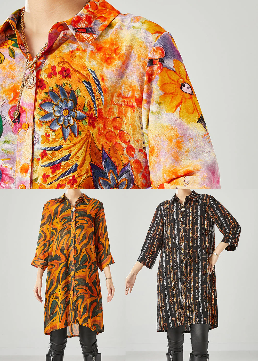 Elegant Black Peter Pan Collar Print Chiffon Shirt Dress Bracelet Sleeve - Image 5