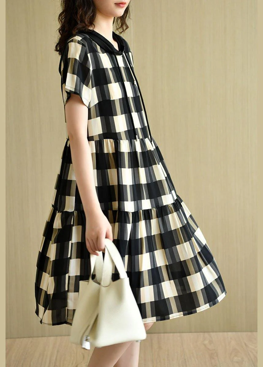 Elegant Black Plaid Hooded Patchwork Summer Cotton Dresses